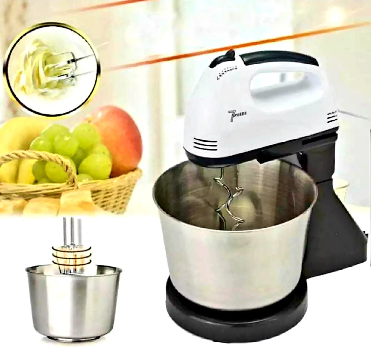 Mixer cu bol 380 W, 7 viteze, 2 teluri, 2 spirale