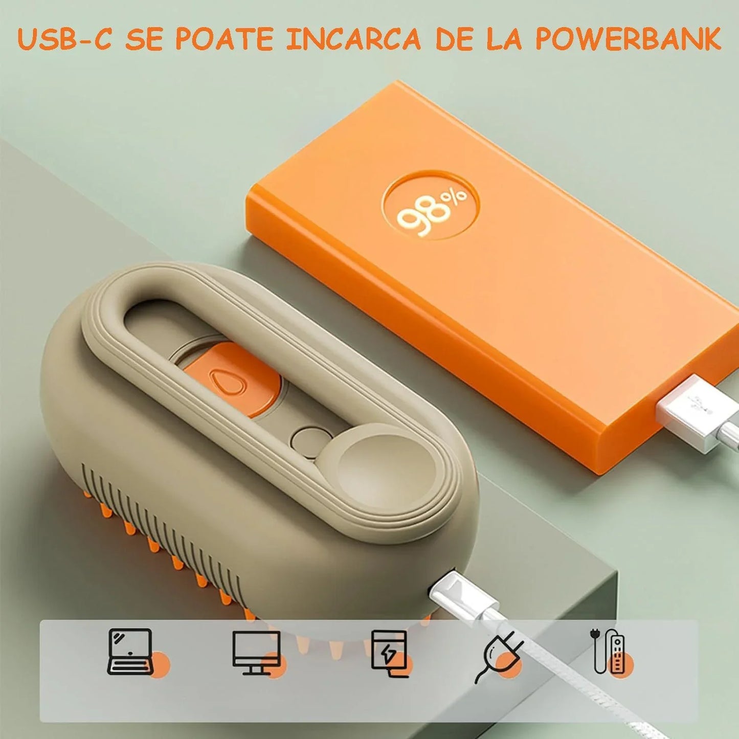 1+1 CADOU Perie cu Abur pentru Animale de Companie, 3 in 1, Masaj, Indeparteaza Parul, Curatare, Incarcare USB-C