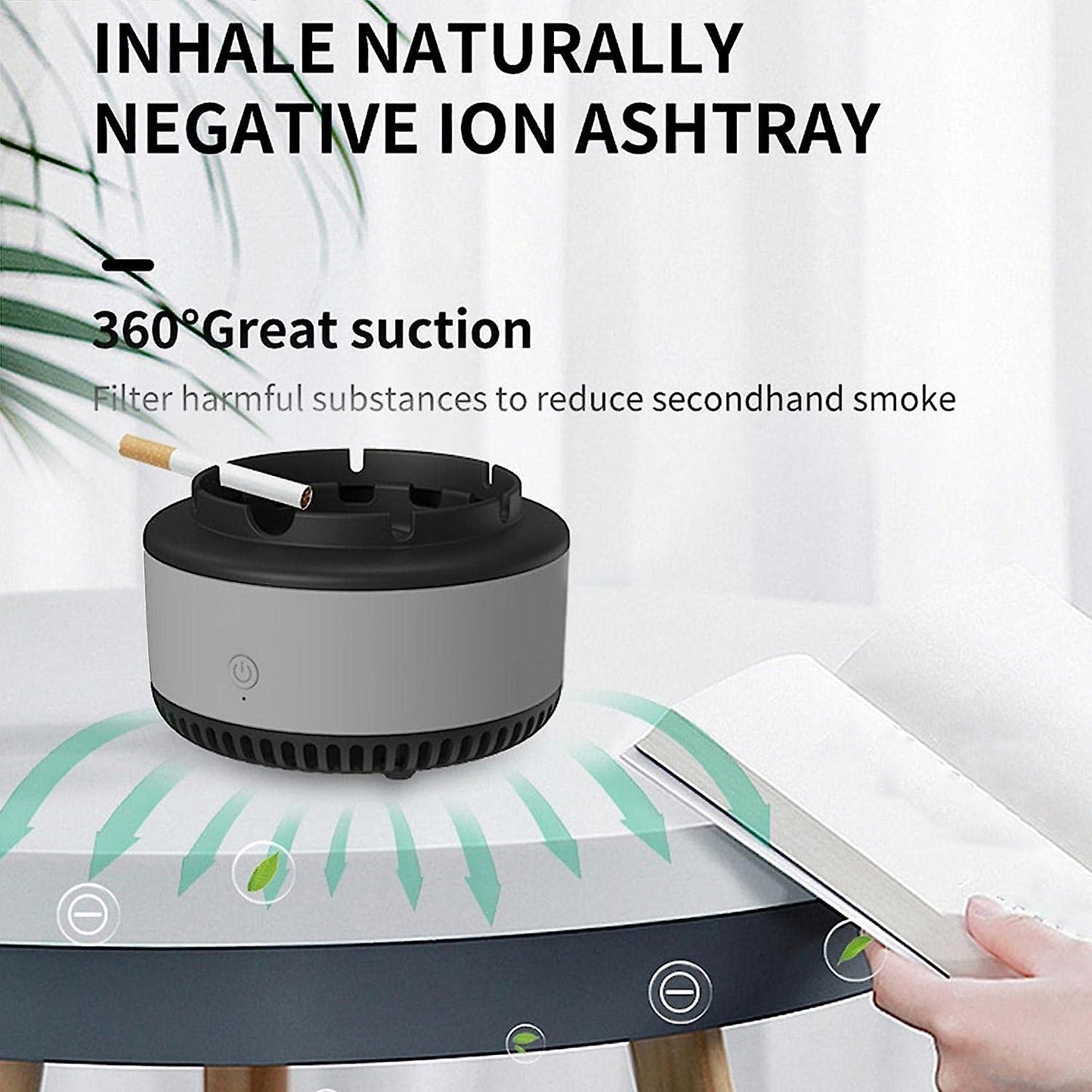 Scrumiera electrica cu aspiratie directa, suport din rasina epoxidica anti-topire, cu functie de purificare a aerului, odorizant pentru eliminarea mirosului, functioneaza cu baterii AA, gri