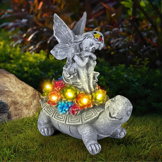 Decorațiune Solară pentru Grădină, Țestoasă cu Zana și LED-uri Alb Cald, pentru Exterior