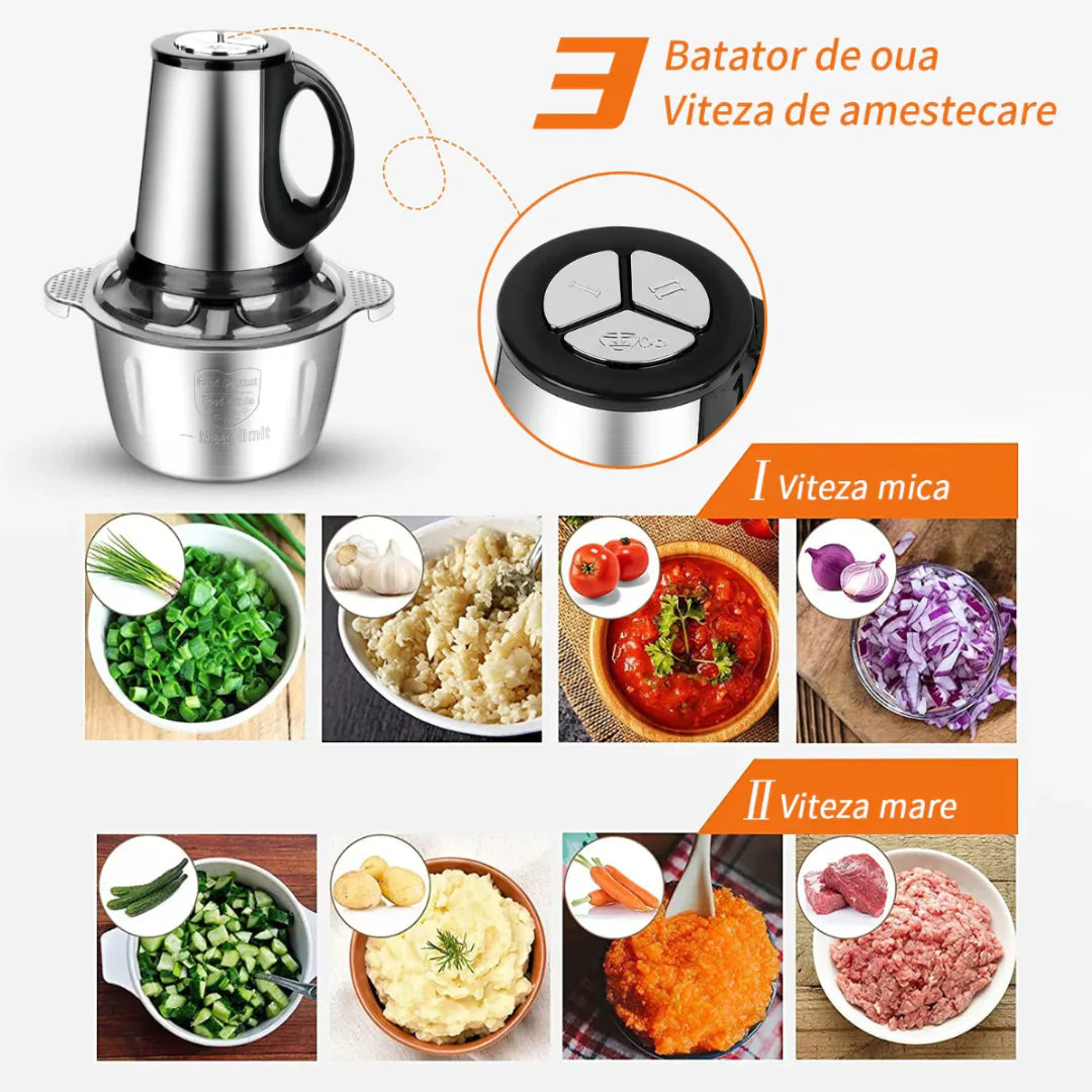 Pachet 1+1 CADOU Tocator electric carne si legume, 4 lame inox, 2 viteze, capacitate mare, bol inox