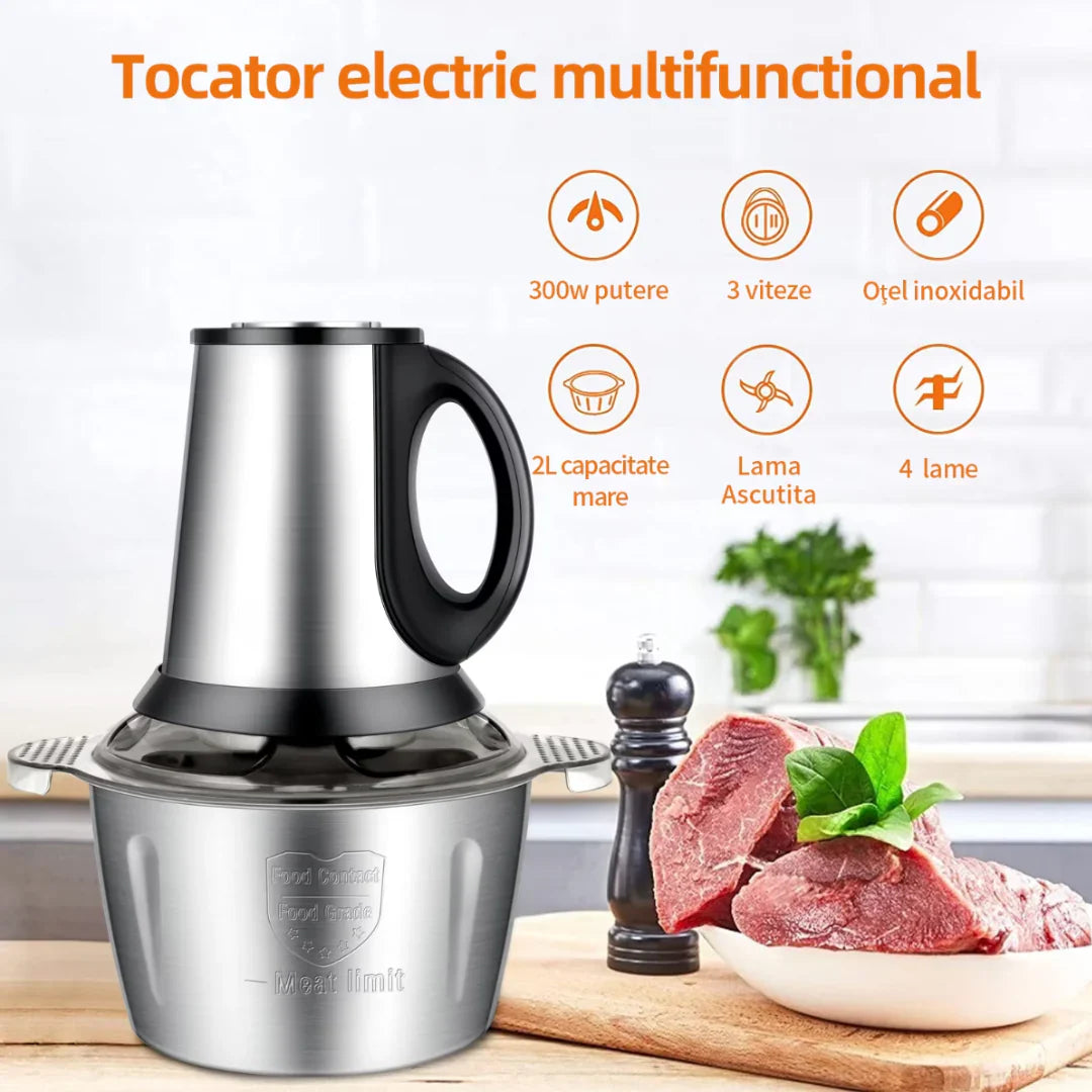 Pachet 1+1 CADOU Tocator electric carne si legume, 4 lame inox, 2 viteze, capacitate mare, bol inox