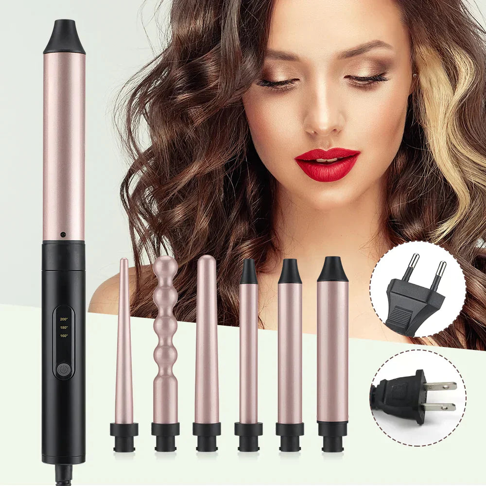 Set Ondulator profesional 6 in 1, bucle, umed uscat, cu dubla utilizare, ondulator electric, Ceramica ionica