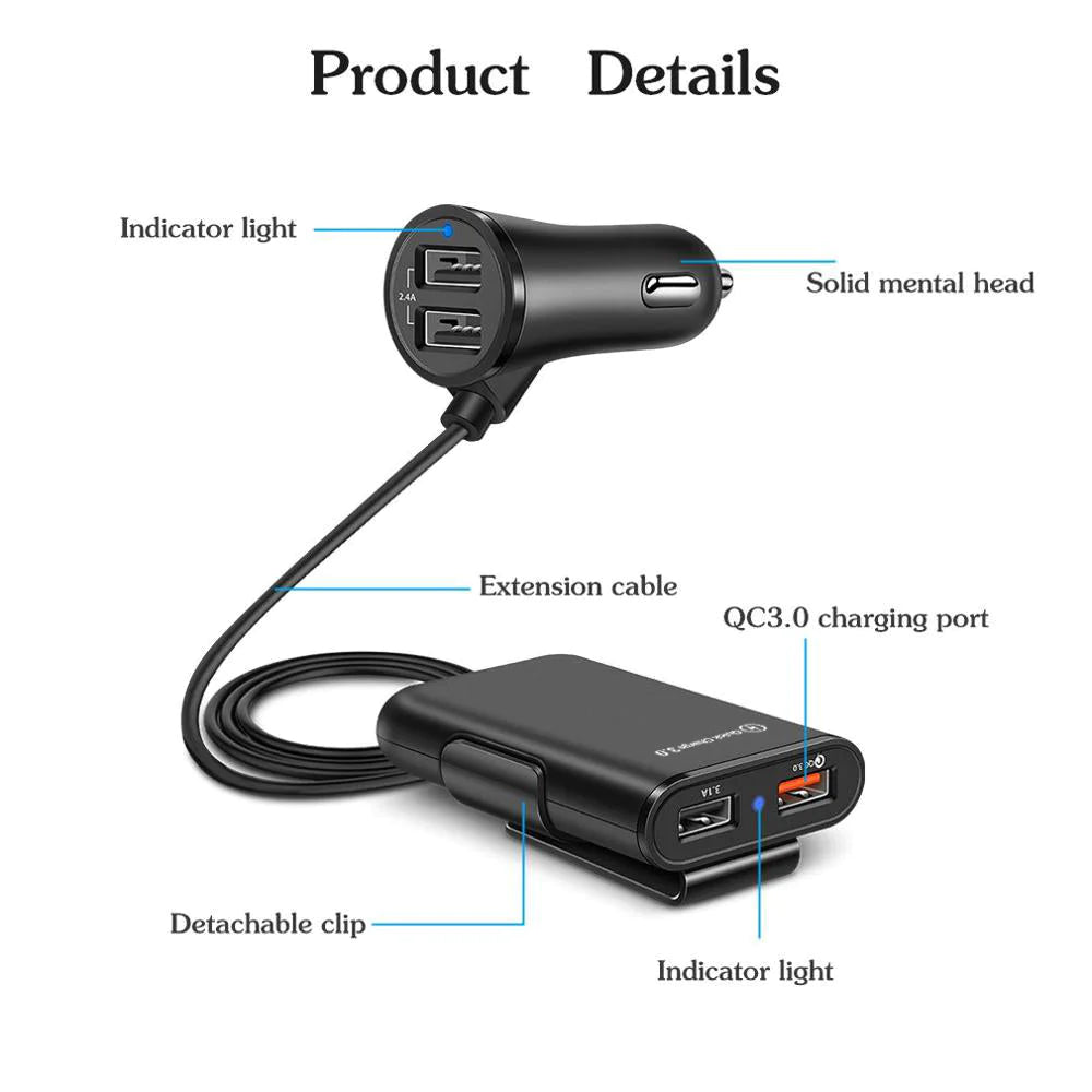 Incarcator auto, BOMSTOM,, 4 Porturi USB, Fast charge, Lungime cablu 1.7m, Negru