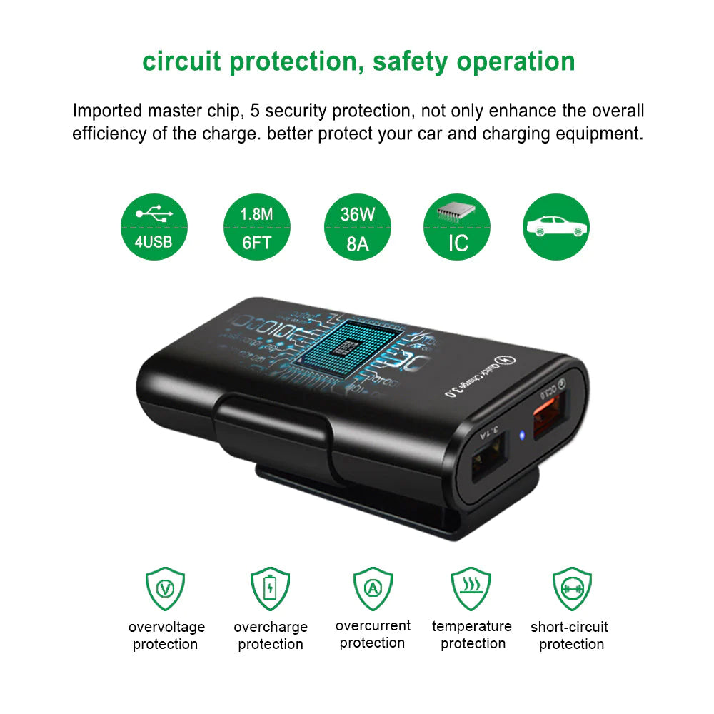Incarcator auto, BOMSTOM,, 4 Porturi USB, Fast charge, Lungime cablu 1.7m, Negru