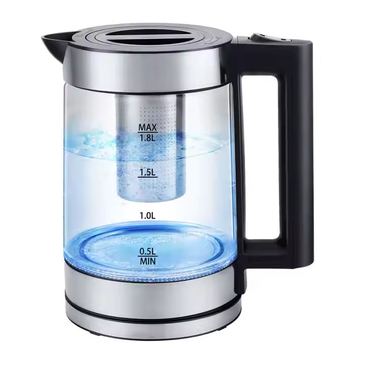 Incalzitor de Apa Electric cu Ceainic din Sticla, 2.2L, 1500W, LED, Pastrare Temperatura, Design Negru/Argintiu