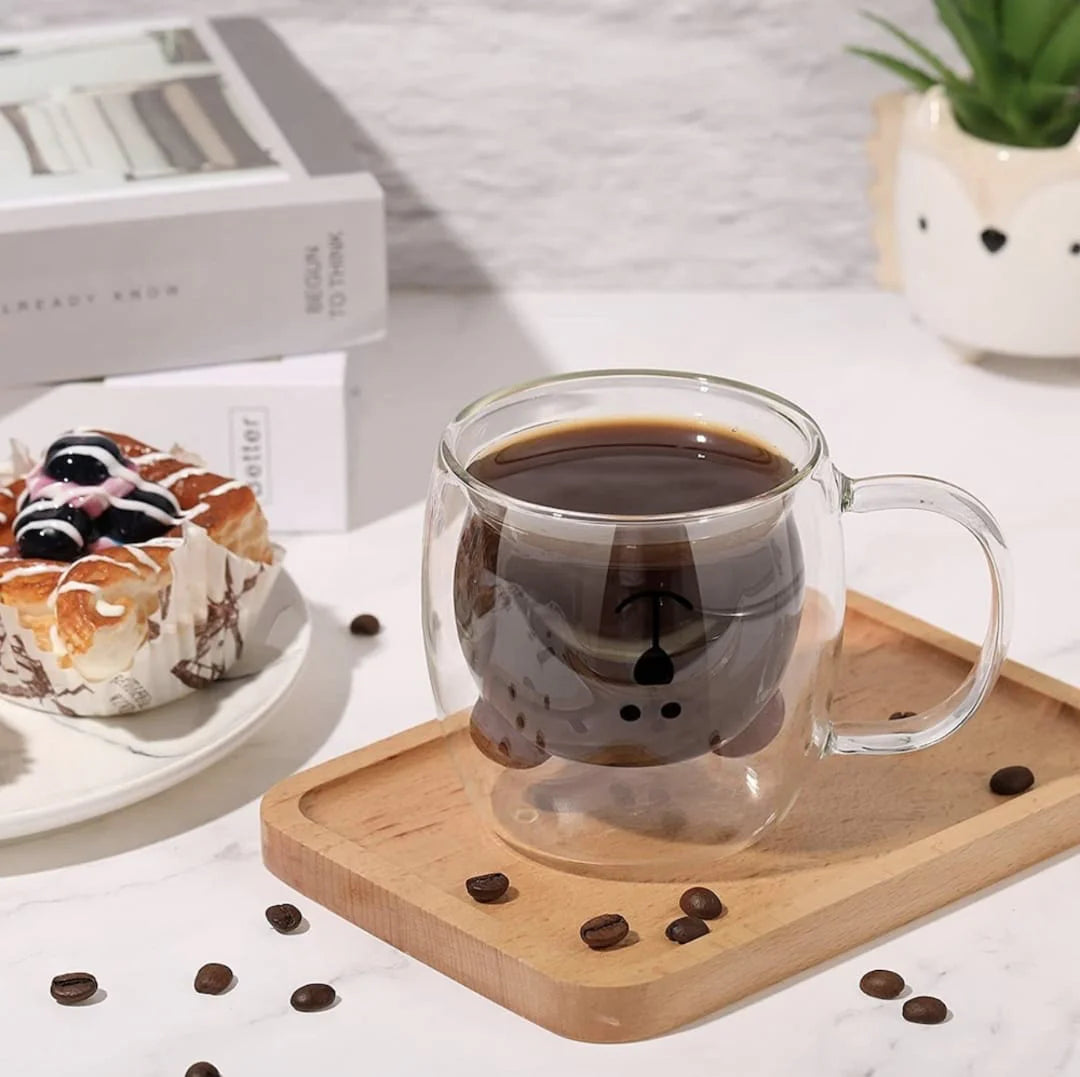 Set 2 x Cana in forma de ursulet din sticla termorezistenta, pereti dubli, pentru ceai si cafea, 260ml, Transparenta