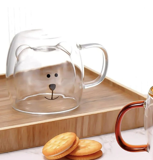 Set 2 x Cana in forma de ursulet din sticla termorezistenta, pereti dubli, pentru ceai si cafea, 260ml, Transparenta