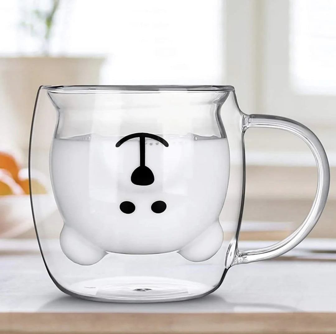 Set 2 x Cana in forma de ursulet din sticla termorezistenta, pereti dubli, pentru ceai si cafea, 260ml, Transparenta