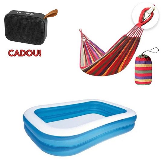 Pachet pentru vara: Hamac multicolor bumbac 180 x 80 cm + Piscina gonflabila dreptunghiulara, 200x150x50cm + Boxa portabila MG-2 bluetooth CADOU