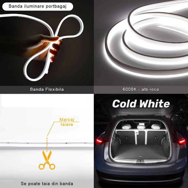 Bandă LED Auto Universală – 5m, 12V, Lumină Alb-Rece sau Alb-Cald, Flexibilă și Rezistentă