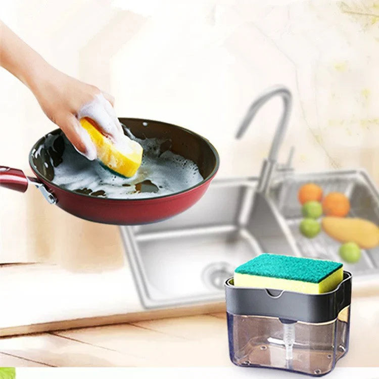 Pachet 2 x Dozator detergent de vase 2 in 1, cu suport pentru burete, negru/transparent