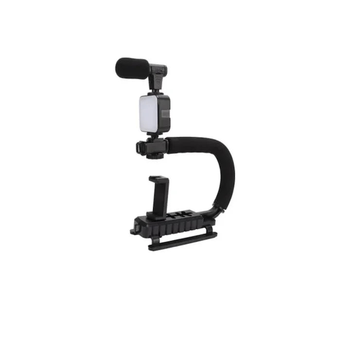 Kit vlogging complet pentru camera, telefon, trepied in forma de U, telecomanda bluetooth, microfon