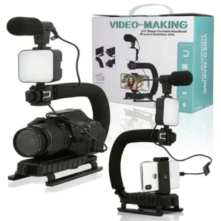 Kit vlogging complet pentru camera, telefon, trepied in forma de U, telecomanda bluetooth, microfon