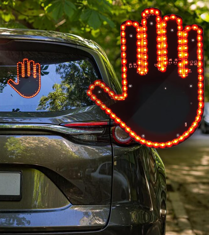 1+1 CADOU Semn LED Auto cu Telecomanda, Design Mana, 4 Moduri, Efect Vizual Stralucitor, Negru/Galben