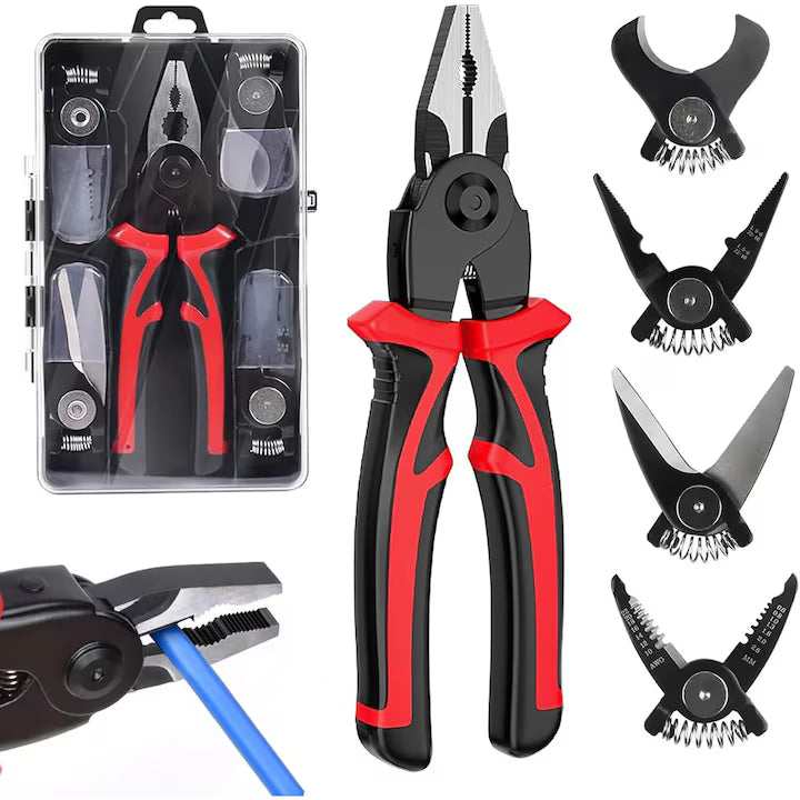 Set 5 in 1 Patent Multifunctional din Otel, Cleste, Foarfeca, Taietor Cabluri, Sertizare, Dezipare, Maner Anti-Curentare