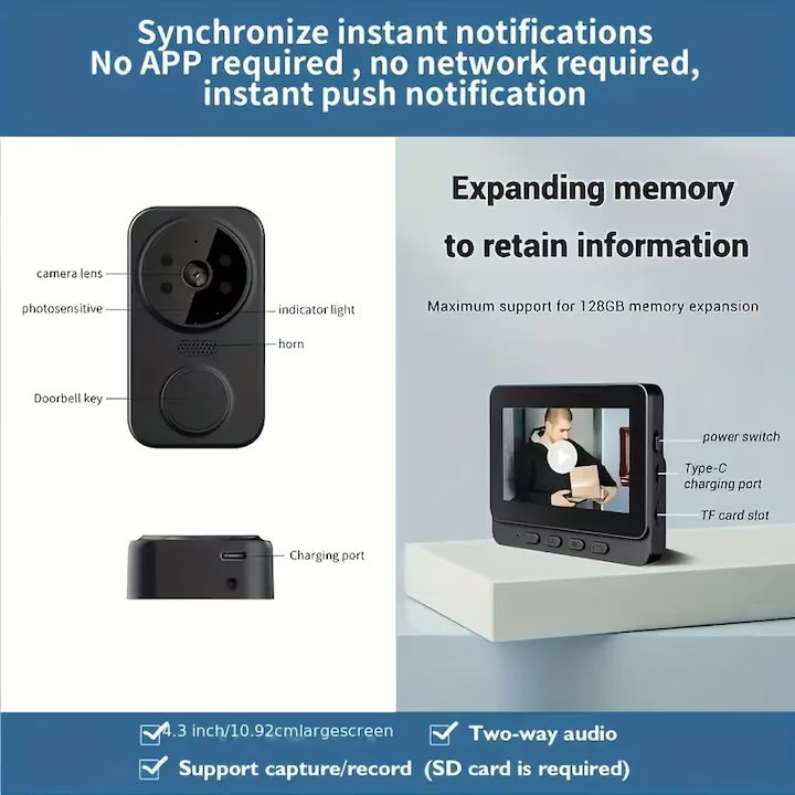 Sonerie video inteligenta neagra eleganta cu ecran de inalta definitie de 4, 3 inchi - usor de instalat, audio bidirectional, viziune nocturna infrarosie, baterie reincarcabila de lunga durata