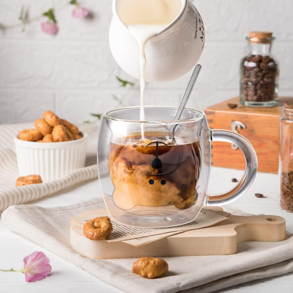 Set 2 x Cana in forma de ursulet din sticla termorezistenta, pereti dubli, pentru ceai si cafea, 260ml, Transparenta