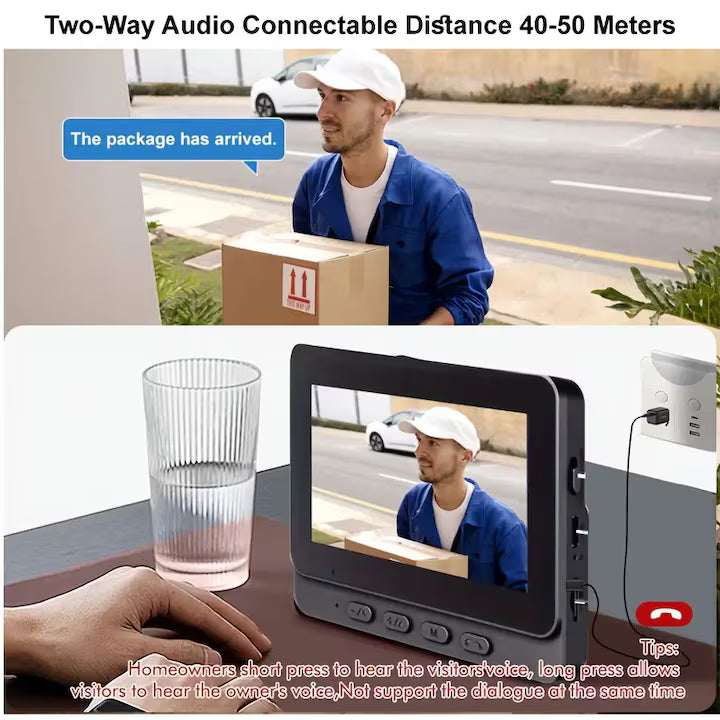Sonerie video inteligenta neagra eleganta cu ecran de inalta definitie de 4, 3 inchi - usor de instalat, audio bidirectional, viziune nocturna infrarosie, baterie reincarcabila de lunga durata