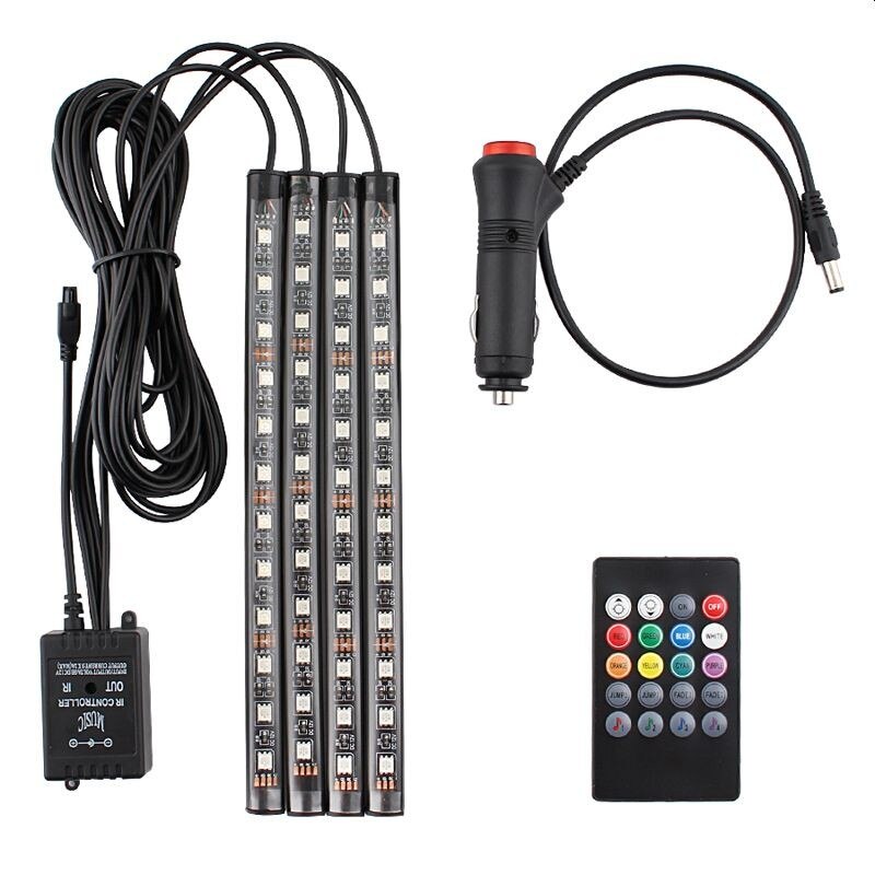 Lumina ambientala pentru interior auto, telecomanda, 4 benzi cu 18 LED RGB cu senzor sunet