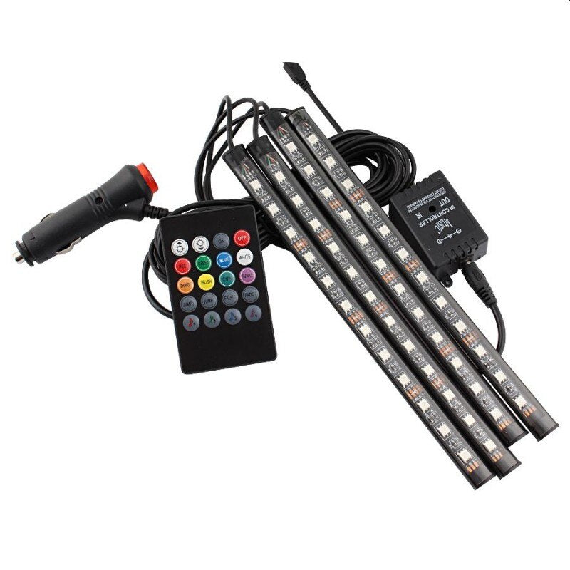 Lumina ambientala pentru interior auto, telecomanda, 4 benzi cu 18 LED RGB cu senzor sunet