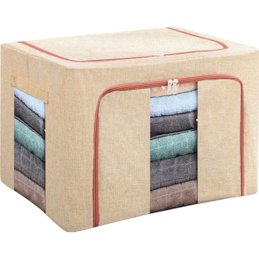 Cutie de depozitare pliabila, cu fermoar, 66 L, Textil, 50x40x33 cm, Crem, Cu doua ferestre