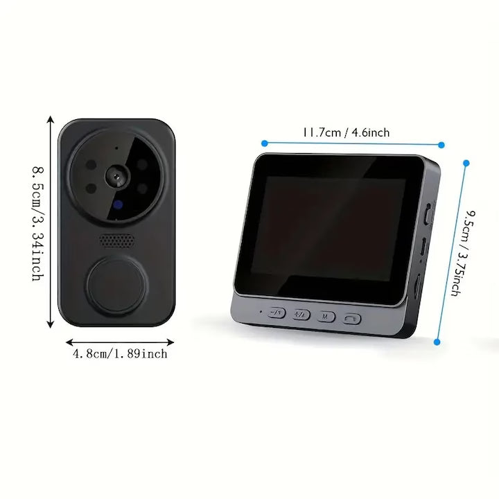 Sonerie video inteligenta neagra eleganta cu ecran de inalta definitie de 4, 3 inchi - usor de instalat, audio bidirectional, viziune nocturna infrarosie, baterie reincarcabila de lunga durata