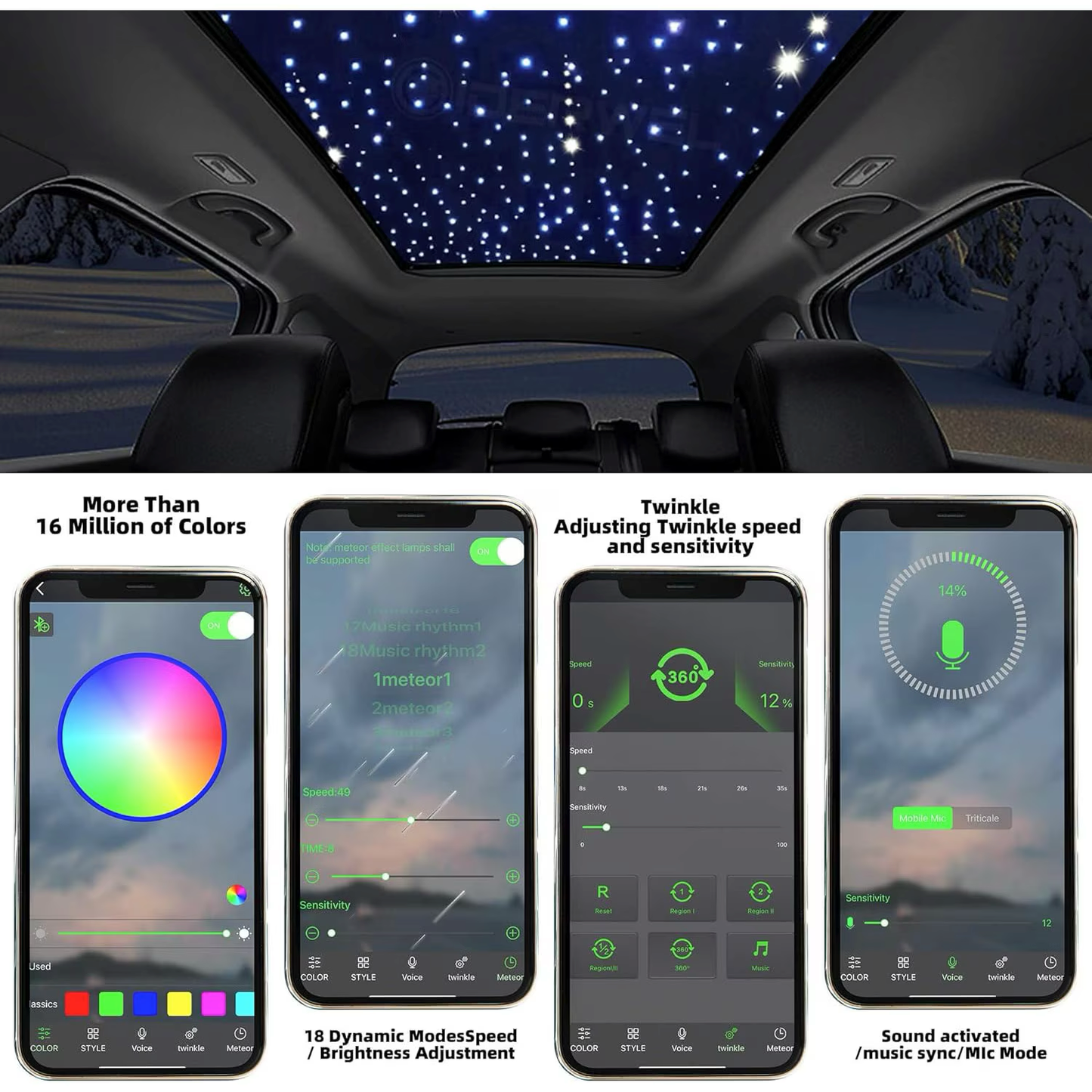 Kit fibra optica plafon instelat RGBW 500 de fire, Bluetooth, Efect ploaie de stele, Control prin aplicatie si telecomanda