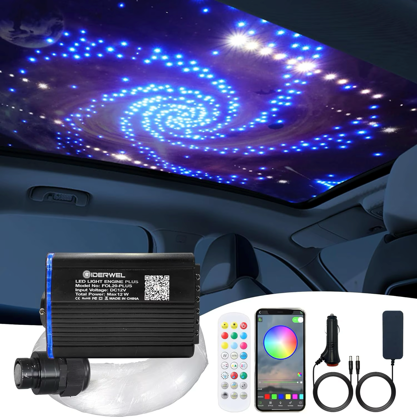 Kit fibra optica plafon instelat RGBW 500 de fire, Bluetooth, Efect ploaie de stele, Control prin aplicatie si telecomanda