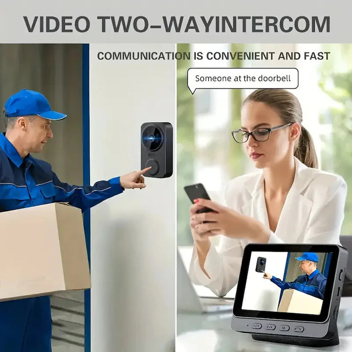 Sonerie video inteligenta neagra eleganta cu ecran de inalta definitie de 4, 3 inchi - usor de instalat, audio bidirectional, viziune nocturna infrarosie, baterie reincarcabila de lunga durata
