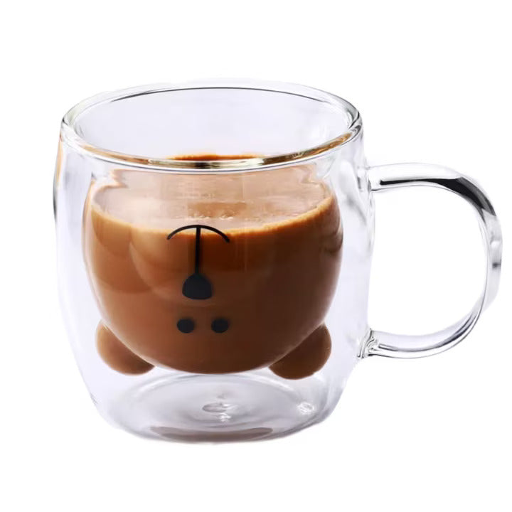 Set 2 x Cana in forma de ursulet din sticla termorezistenta, pereti dubli, pentru ceai si cafea, 260ml, Transparenta