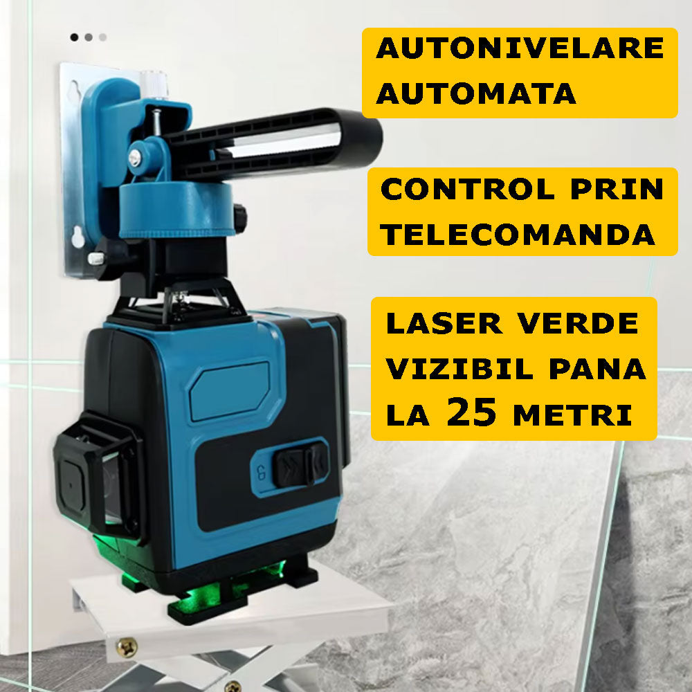 Nivela Laser 4D, Cu Autonivelare, 16 Linii, 4x360º, IP-54, 25m, Precizie Milimetrica, Lumina Verde, Platforma De Ridicare, Suport Pentru Perete, Trepied, Telecomanda