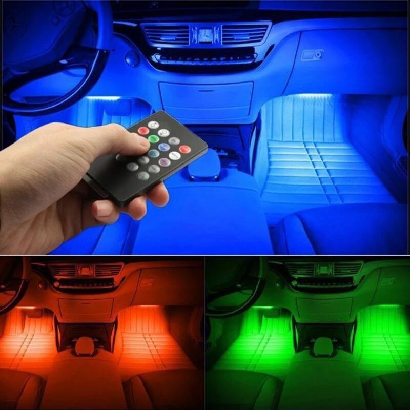 Lumina ambientala pentru interior auto, telecomanda, 4 benzi cu 18 LED RGB cu senzor sunet