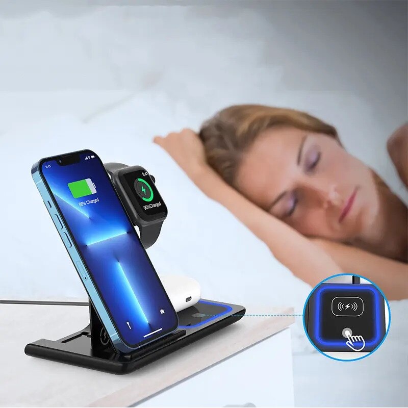 Incarcator Wireless 3 in 1 Compatibil cu Smartwatch, Casti, Smartphone, 15W Fast charge