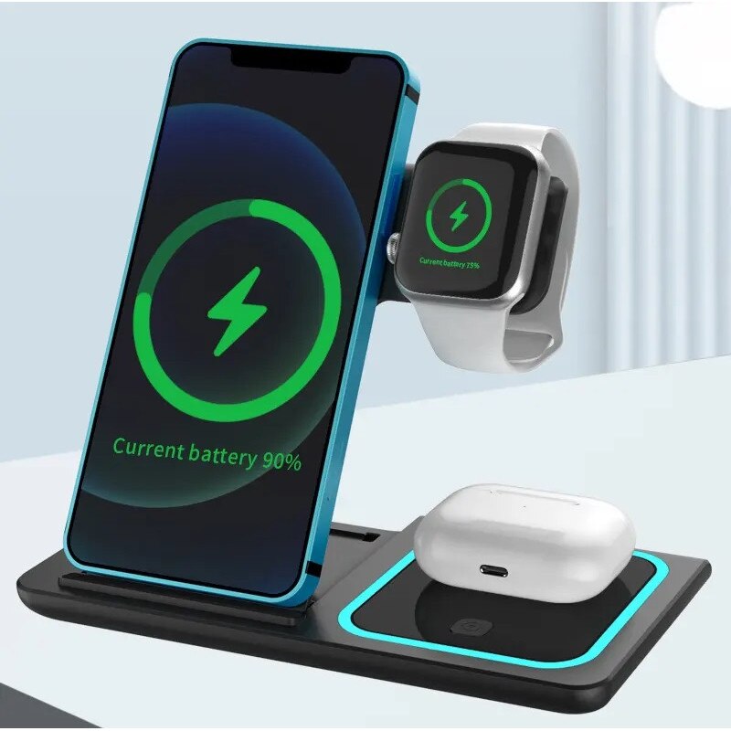 Incarcator Wireless 3 in 1 Compatibil cu Smartwatch, Casti, Smartphone, 15W Fast charge