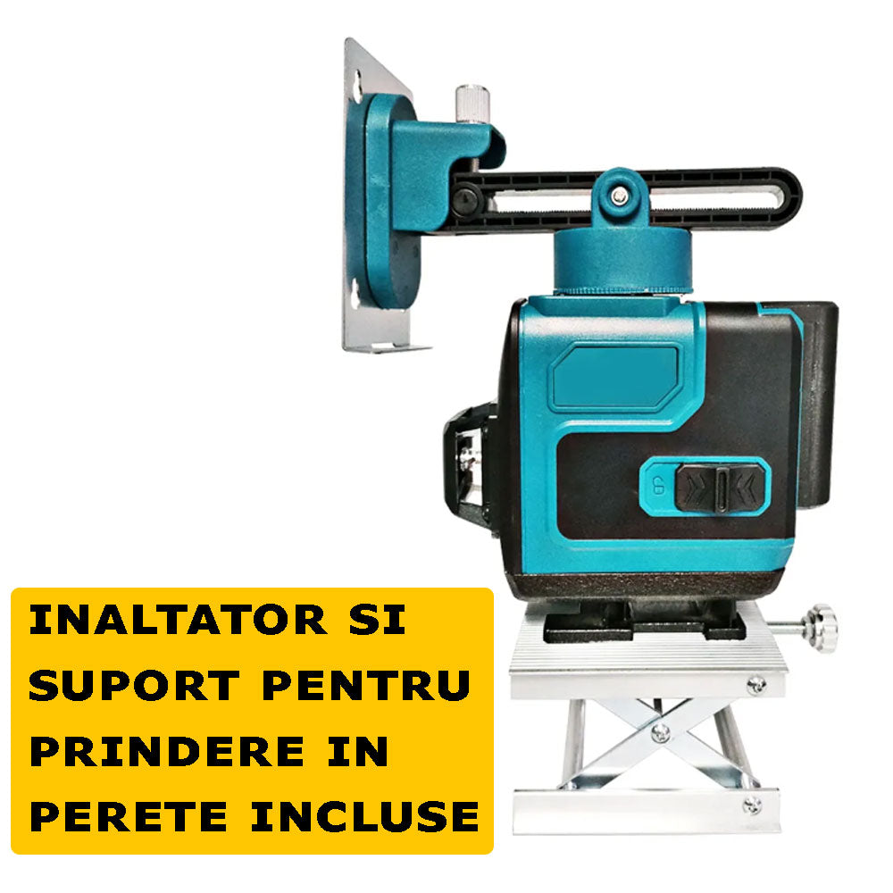 Nivela Laser 4D, Cu Autonivelare, 16 Linii, 4x360º, IP-54, 25m, Precizie Milimetrica, Lumina Verde, Platforma De Ridicare, Suport Pentru Perete, Trepied, Telecomanda
