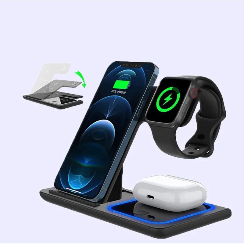 Incarcator Wireless 3 in 1 Compatibil cu Smartwatch, Casti, Smartphone, 15W Fast charge