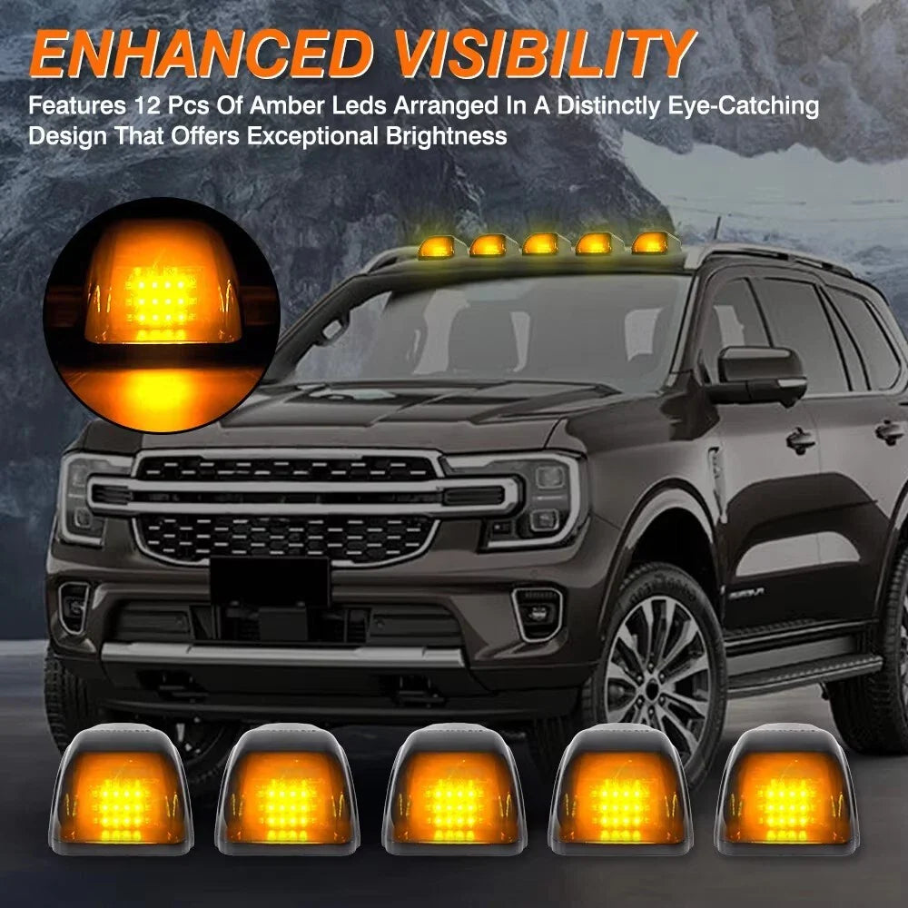 Set 5x Lămpi Solare LED Galben-Ambra – 12 LED-uri, Carcasă Fumurie, DRL Wireless pentru Cabina și Acoperiș Auto