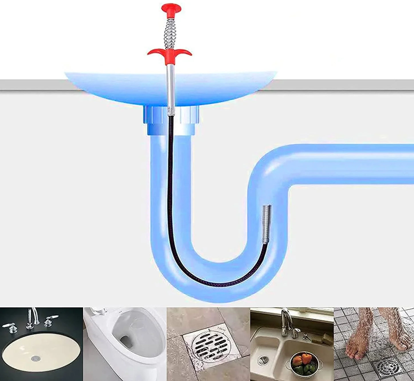 Set 2 x Sarpe Desfundat Tevi Scurgere Chiuvete, Cazi, Cabine de Dus, WC, Sifon Pardoseala, si Alte Instalatii de Scurgere, cu Sistem Mecanic din Otel, Flexibil, Negru, 290 cm