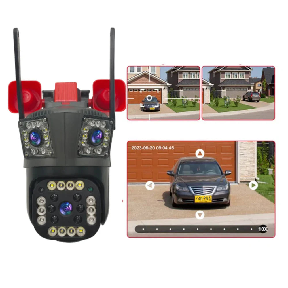 Camera de Supraveghere Tripla WIFI, 4G, 4K cu alarma,Sirene, Urmarire automata miscare