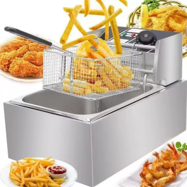 Friteuza Electrica Profesionala 6L, Inox, 2500W – Termostat Reglabil, Capac Antistropire, Usor de Curatat