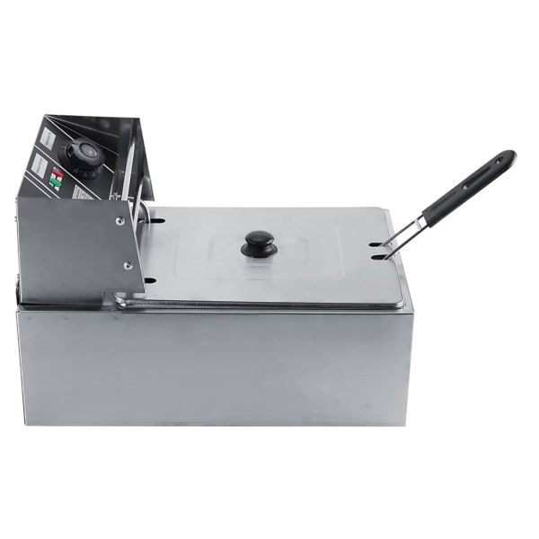 Friteuza Electrica Profesionala 6L, Inox, 2500W – Termostat Reglabil, Capac Antistropire, Usor de Curatat