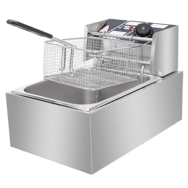 Friteuza Electrica Profesionala 6L, Inox, 2500W – Termostat Reglabil, Capac Antistropire, Usor de Curatat