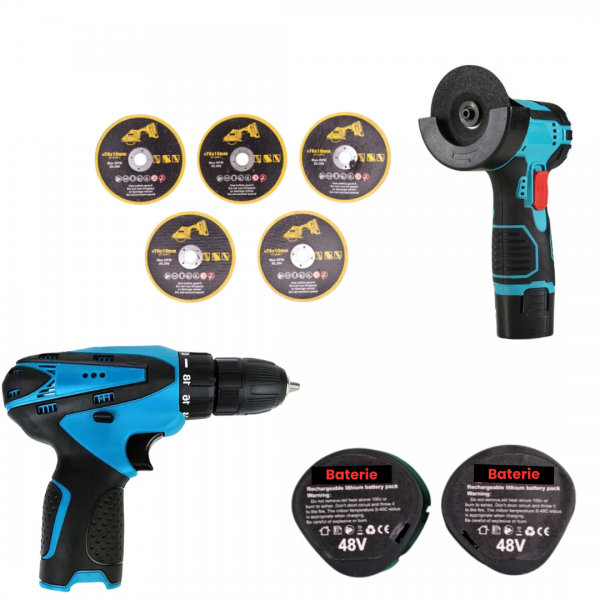 Set Portabil 2 in 1 cu Masina de Gaurit 48V si Polizor Unghiular Compact 10000 RPM, Acumulatori Reincarcabili, Discuri de Taiere Incluse si Accesorii Complete