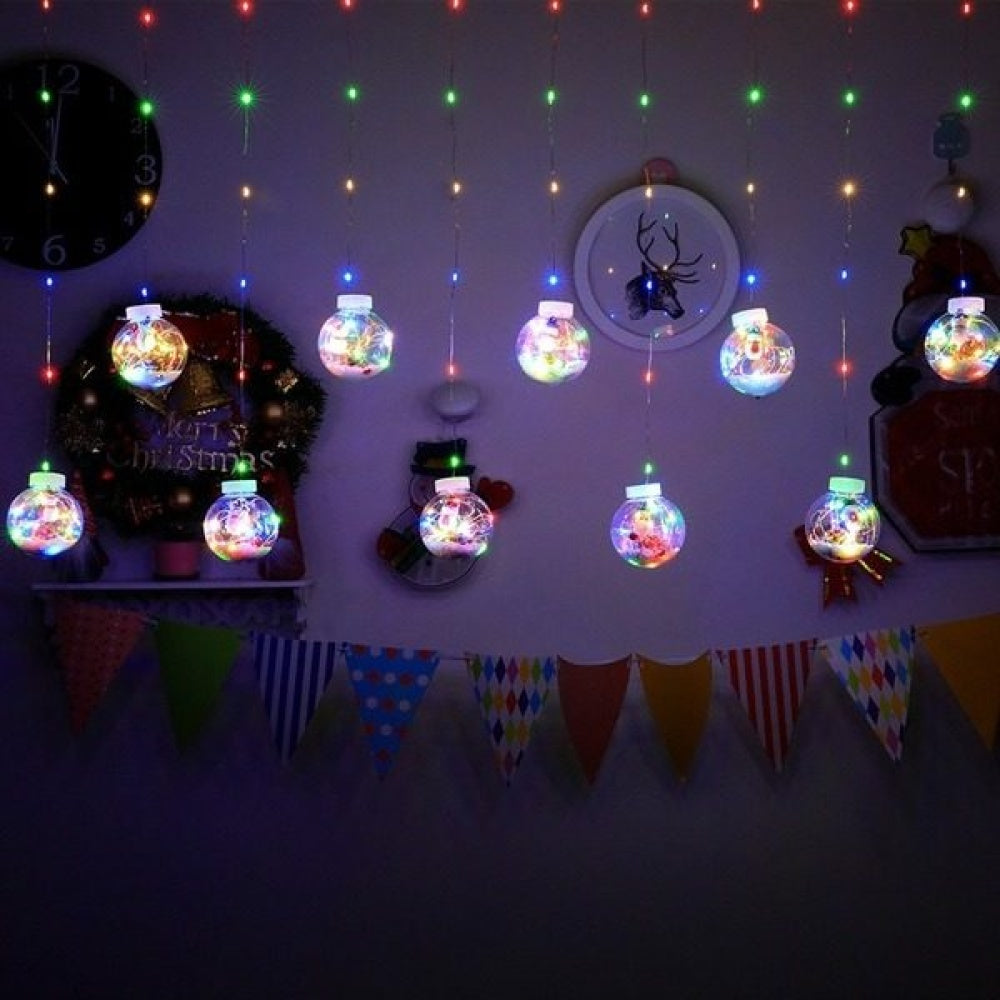 Set 2 x Instalatie tip perdea luminoasa, cu 10 globuri cu Mos Craciun