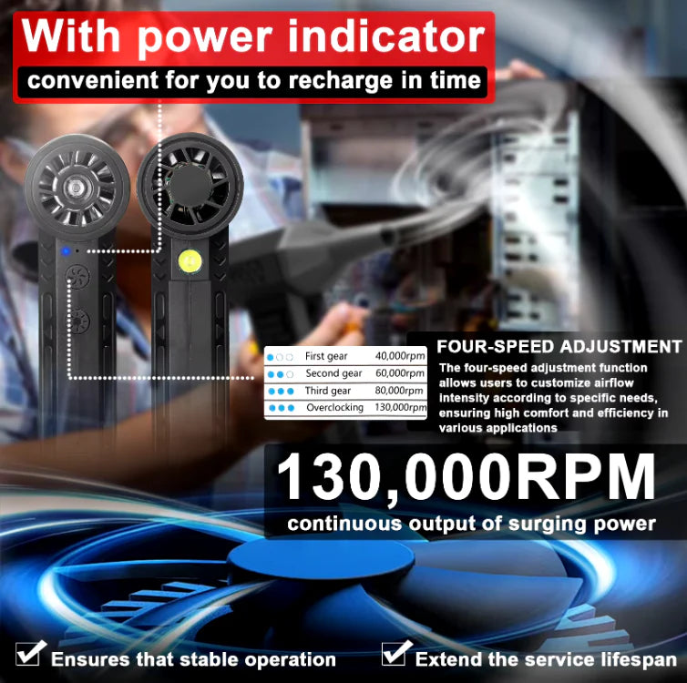 Suflanta aer portabila, indicator baterie, turbo fan, 130000 RPM, 4 trepte de putere, baterie 5000 mAh, negru cu 2 acumulatori