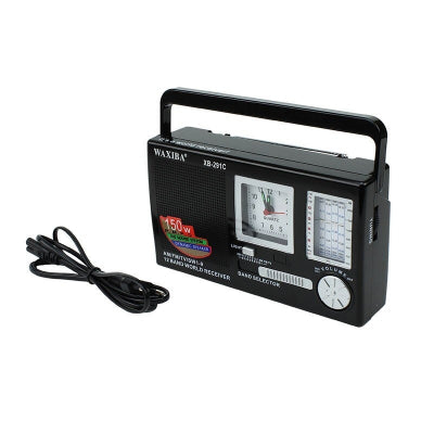 Radio Portabil cu Ceas, 12 Frecvente Radio, Control Volum, Ceas Analog, Antena Telescopica, Alimentare Baterii&Retea, Maner Transport, Dimensiuni Reduse, Negru