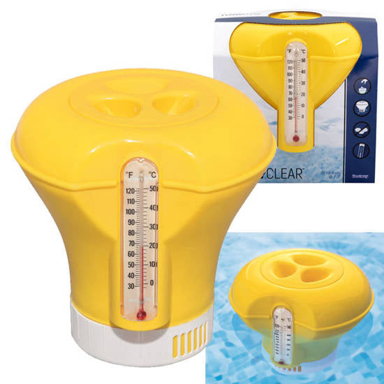 Dozator flotant de substante in piscina, cu termometru, Bestway 18.5 cm