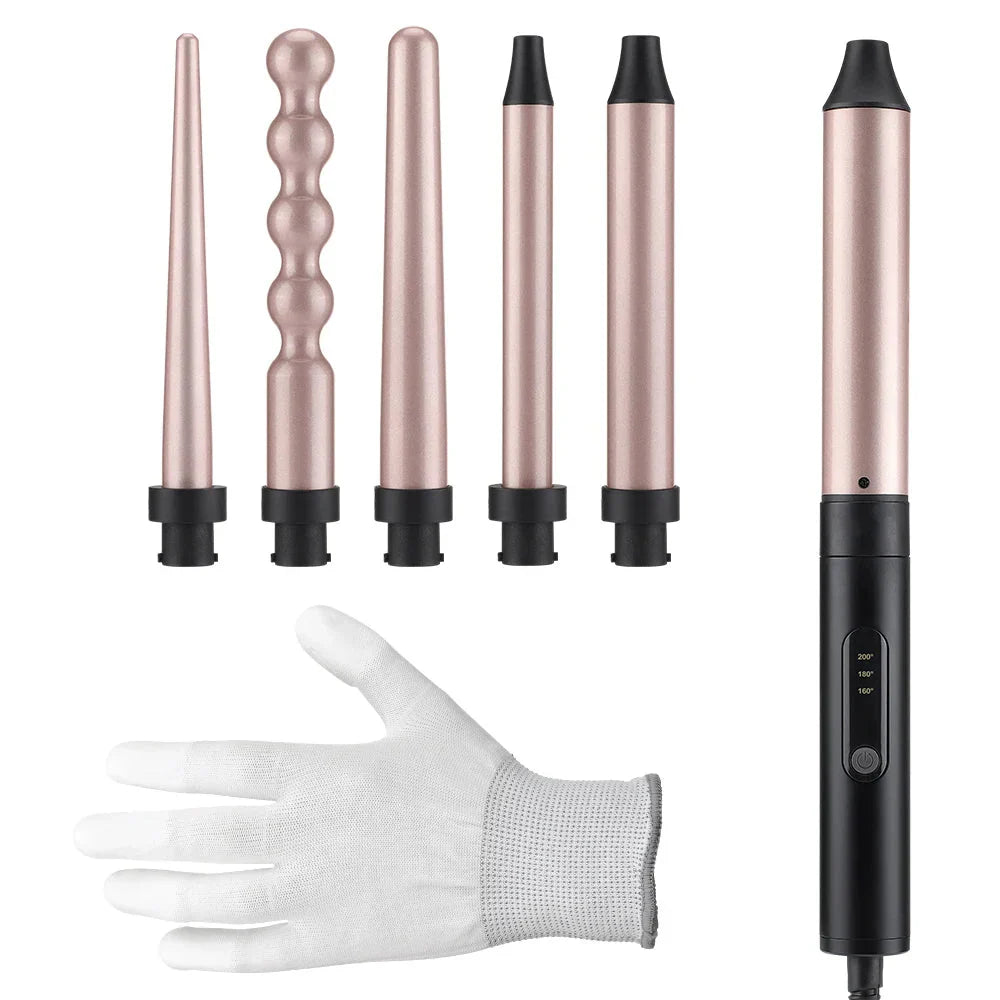 Set Ondulator profesional 6 in 1, bucle, umed uscat, cu dubla utilizare, ondulator electric, Ceramica ionica