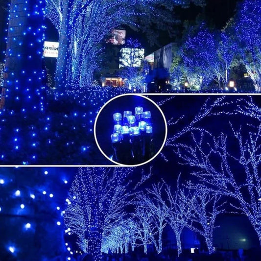 1+1 GRATIS Instalatie 100 LED pentru exterior cu incarcare solara albastra